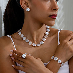 Flat Round Plastic Pearl Beaded Necklaces & Beaded Bracelets & Stud Earrings & Rings Sets&nbsp;FS-WG25F9C-01