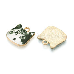 プリント合金ペンダント  猫の頭  カドミウムフリー＆ニッケルフリー＆鉛フリー  ライトゴールド  濃い緑  17x17.5x1.5mm  穴：2mm&nbsp;LS-PALLOY-WH0108-12B