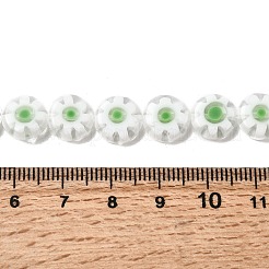 ハンドメイドミッレフィオーリガラスフラットラウンドビーズ連売り  シングルフラワーデザイン  ホワイト  10x3.5~4mm  穴：1mm  約38個/連  14.17''（36センチメートル）&nbsp;LK-P011-23