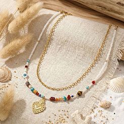 Handmade Natural Mixed Stone Beaded Double Layer Necklaces with Stainless Steel Sacred Heart Pendant for Women Daily Wear&nbsp;OB9788-1