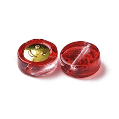 透明なスプレー塗装ガラスビーズ  ゴールデン真鍮パーツ  笑顔でフラットラウンド  レッド  11.5x4mm  穴：1.2mm&nbsp;GLAA-I050-15I