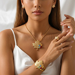 メープルリーフ合金製カラフルラインストーンペンダントネックレス＆スタッドピアス＆カフバングル＆カフリングセット（女性用）  ゴールドカラー  17.72インチ（45cm）&nbsp;WGFFE4E-01