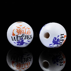ハロウィンプリント天然木ビーズ  バット＆ワードハローウィッチとラウンド  ダークスレートブルー  15.5x14.5mm  穴：4mm&nbsp;WOOD-S057-092