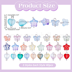 120Pcs 3 Styles Gradient Color Baking Paint Transparent Glass Star & Heart & Butterfly Connector Charms&nbsp;PALLOY-AR00030