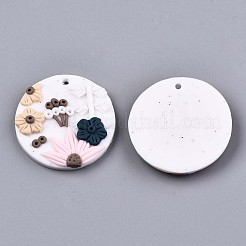 手作り樹脂粘土ペンダント  花付きフラットラウンド  フローラルホワイト  33x6mm  穴：2mm&nbsp;CLAY-N010-020A