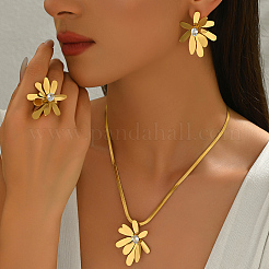 Stainless Steel Cubic Zirconia Flower Pendant Necklaces & Stud Earrings & Rings Sets for Women Gift&nbsp;BG5091