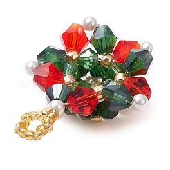 クリスマスガラスペンダント  シードビーズとプラスチックパール付き  クリスマスリース  ホワイト  33.5x26.5x9.7mm  穴：3.9mm&nbsp;PALLOY-JF03010-03