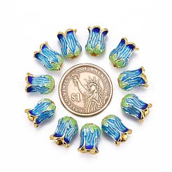 5-花びらラックメッキ真鍮エナメルビーズキャップ  カドミウムフリー＆鉛フリー  ゴールドカラー  14x10mm  穴：2mm&nbsp;X-KK-P024-13-RS