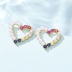 Hollow Heart Brass Micro Pave Cubic Zirconia Stud Earrings&nbsp;EJEW-A152-05G