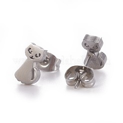 変色しにくい304ステンレススチールの子猫スタッドピアス  低刺激性のイヤリング  ピアスキャッチ/ピアスバックキャッチ付き  猫のシルエット  ステンレス鋼色  9x5mm  ピン：0.8mm  12のペア/カード&nbsp;EJEW-F227-11P