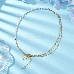 Round Shell Pearl & Brass Chain Flower Pendant Necklaces&nbsp;NJEW-JN04963