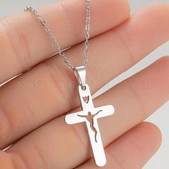304ステンレススチール製中空宗教十字架ペンダントアズキチェーンネックレス（ユニセックス）  変色なし  ステンレス鋼色  17.72インチ（45cm）&nbsp;WGE52CC-02