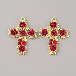 合金ラインストーンペンダント  バラの花のチャームが付いたクロス  ライトゴールド  36.5x28.5x4mm  穴：1.6mm&nbsp;FIND-WH0110-438