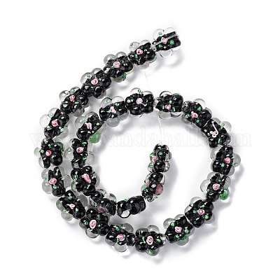 手作りランプワークビーズ連売り  バンピー  花  ブラック  13.5~14x14.5~15x7~8mm  穴：1.4mm  約28個/連  14.57インチ（37cm）&nbsp;LAMP-D015-08D-1