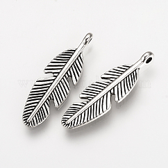 Tibetan Style Alloy Pendants, Feather, Cadmium Free & Lead Free, Antique Silver, 28x8.5x2mm, Hole: 1.5mm, about 720pcs/1000g
