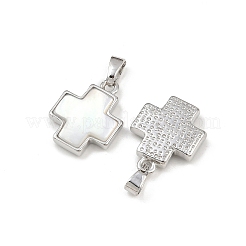ラックメッキ真鍮天然パウア貝ペンダント  クロス  プラチナ  15.5x12.5x3mm  穴：5mm&nbsp;KK-U025-03P-01-1