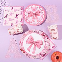 蝶結びテーマの誕生日パーティーデコレーションセット  ペーパータオル、紙コップ、テーブルクロス、バナー付き  ピンク  30x20x8cm&nbsp;ST-CJ0030-02