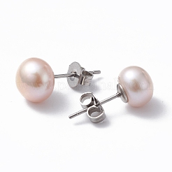 ナチュラルパールイヤースタッズ  女性用 304 ステンレス ピン イヤリング  ラウンド  アザミ  17~18x8mm  ピン：0.7mm&nbsp;EJEW-P223-01E-P04