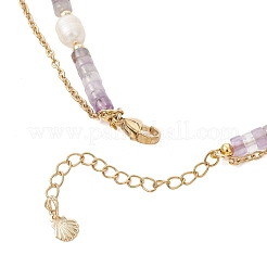 Natural Amethyst Heishi Beads and Rice Natural Pearl Beaded Double Layer 304 Stainless Steel Starfish Pendant Necklaces&nbsp;NJEW-JN05847-02