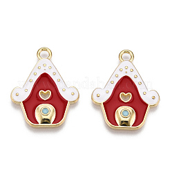 メッキ合金エナメルチャームラック  カドミウムフリー＆ニッケルフリー＆鉛フリー  ライトゴールド  クリスマス  ハウス  暗赤色  26x21x2mm  穴：2mm&nbsp;LS-ENAM-N055-154