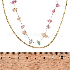 304ステンレススチールと天然ミックスストーンのカラフルなチップの二重層ネックレス（女性用）  18KGP本金メッキ  16.42インチ（41.7cm）&nbsp;NJEW-Z061-06G-01
