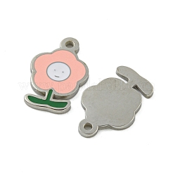 304ステンレススチールチャーム  エナメル  笑顔のチャーム付きフラワー  ステンレス鋼色  ピンク  13x8x1mm  穴：1mm&nbsp;STAS-L022-435P-01