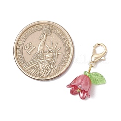 花のアクリルとプラスチックの模造真珠ビーズペンダント装飾  亜鉛合金カニカン付き  ゴールドカラー  25mm  7個/セット&nbsp;HJEW-JM03231-02