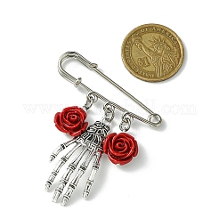 ハロウィーンのスケルトンハンド合金と合成サンゴの花のペンダントキルトピン  アンティークシルバー＆プラチナ  レッド  50mm&nbsp;JEWB-BR00169