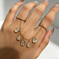 304 Stainless Steel & Cubic Zirconia Double Finger Rings&nbsp;WGBA935-01
