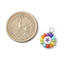 不透明アクリルとシードガラスのペンダント  スターとフラットラウンド  ミックスカラー  17.5x13.5x3.5mm  穴：3mm&nbsp;PALLOY-JF03837