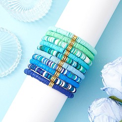 10Pcs 10 Colors Handmade Polymer Clay Heishi & Brass Bead Stretch Bracelets for Women&nbsp;BJEW-MZ00198