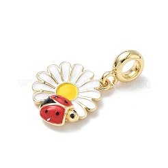 真鍮エナメルヨーロピアンダングルチャーム  てんとう虫の大きな穴が付いた白い花のペンダント  18KGP本金メッキ  30.5mm  穴：5mm&nbsp;KK-P330-03G