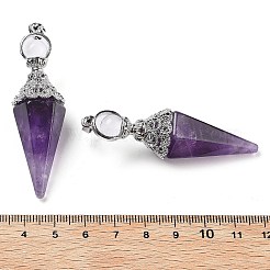 天然アメジストのファセット加工された円錐形の大きなペンダント  ラックメッキ合金のパーツ  プラチナ  61x18.5x17mm  穴：8x5mm&nbsp;G-P552-04P-05
