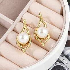 イオンプレーティング（IP）304ステンレススチールティアドロップスタッドピアス  女性用プラスチック模造真珠付き  ゴールドカラー  31x13mm&nbsp;EJEW-A119-02G