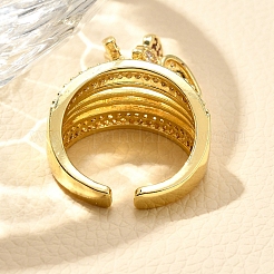ラックメッキ真鍮マイクロパヴェキュービックジルコニアカフ指輪女性用  カドミウムフリー＆鉛フリー  長持ちメッキ  ハート＆女の子＆クロスチャーム  18KGP本金メッキ  12mm  調整可能&nbsp;RJEW-M028-28G