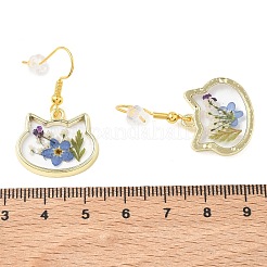 合金とドライフラワーのドロップピアス  接着剤を浸して  猫の形  ゴールドカラー  ブルー  35x21mm&nbsp;EJEW-Z169-01G-01