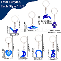 8種類のスタイルのガラスキーホルダー8個  白金鉄パーツ  混合図形  ブルー  7~10cm  1個/スタイル&nbsp;KEYC-PH0001-53