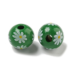 プリントウッドヨーロピアンビーズ  デイジー模様の丸い  グリーン  15.5~16mm  穴：4~4.5mm&nbsp;WOOD-G022-19B