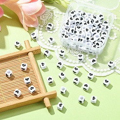 不透明なアクリルビーズ  ハートを持つキューブ  ホワイト  6x6x6mm  穴：3.5mm  100個/箱&nbsp;MACR-YW0002-25