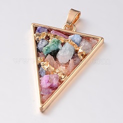 染め三角形金色のトーン真鍮天然水晶のペンダント  44x30.5x7mm  穴：7x4mm&nbsp;G-M245-01