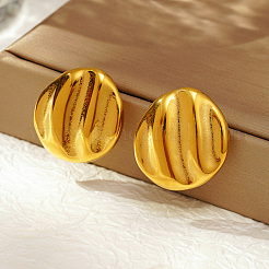 スタイリッシュな304ステンレススチールのフラットラウンドストライプボタンスタッドピアス  ゴールドカラー  27.38x25.46mm&nbsp;NI1376