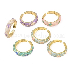 女性用真鍮オープンカフリング  エナメル  花  ゴールドカラー  ミックスカラー  5mm  内径: 調節可能&nbsp;RJEW-K305-03A-G