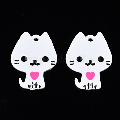 ラックメッキ合金エナメルスプレー塗装ペンダント  カドミウムフリー＆ニッケルフリー＆鉛フリー  猫  ホワイト  19.5x14.5x1.3mm  穴：1mm&nbsp;ENAM-T011-155A