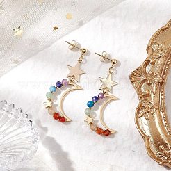7チャクラの宝石ダングルスタッドピアス  ムーン＆スター 304 ステンレススチール製イヤリング（女性用）  ゴールドカラー  48.5x19.5mm&nbsp;EJEW-TA00505