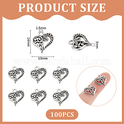 チベット風フィリグリー合金ハートチャーム100個  アンティークシルバー  14x13x3mm  穴：1.5mm&nbsp;FIND-UN0015-59