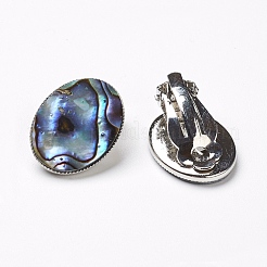 天然アワビシェル/パウア貝殻クリップオンイヤリング  真鍮パーツ  プラチナ  カラフル  21x16x11mm&nbsp;EJEW-P122-01