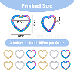 30個 3色 304ステンレススチール リンキングリング  ハンマー  ハート  ミックスカラー  16.5x18x1.5mm  内径：10.5x14mm  10個/カラー&nbsp;STAS-DC0014-23
