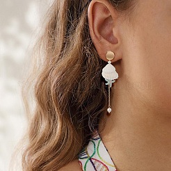 天然スパイラルシェル＆シェルパール ダングルスタッドピアス  女性用真鍮ヒトデタッセルイヤリング  ゴールドカラー  87mm  ピン：1mm&nbsp;EJEW-TA00220