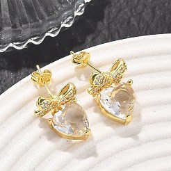 真鍮製マイクロパヴェキュービックジルコニアスタッドピアス（女性用）  ちょう結び＆ハート  ガラスと  長持ちメッキ  ラックめっき  鉛フリー＆カドミウムフリー  ゴールドカラー  透明  22.5x13mm&nbsp;KK-CBA760A-05G-05