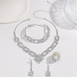 長方形の真鍮とクリスタルラインストーンのジュエリーセット  ブレスレット、イヤリング、ネックレス、指輪のセット  プラチナ  350mm＆170mm＆20mm＆30x10mm&nbsp;WG3D549-01